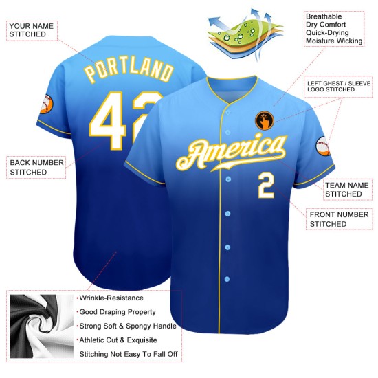 White-Royal Custom Baseball Jersey Fade Blue Fashion Light Authentic White-Royal Custom Baseball Jersey Fade Blue Fashion Light Authentic