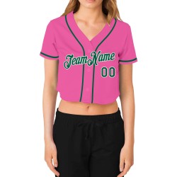 Baseball Women's Jersey V-Neck Kelly Custom Cropped Green-White Pink Baseball Women's Jersey V-Neck Kelly Custom Cropped Green-White Pink