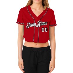 Baseball V-Neck Red Custom Women's Cropped White-Black Jersey Baseball V-Neck Red Custom Women's Cropped White-Black Jersey