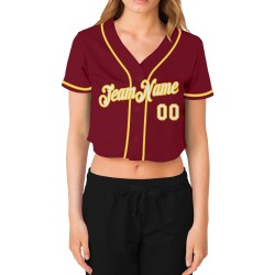 Jersey White-Gold Cropped Women's Custom Crimson Baseball V-Neck Jersey White-Gold Cropped Women's Custom Crimson Baseball V-Neck