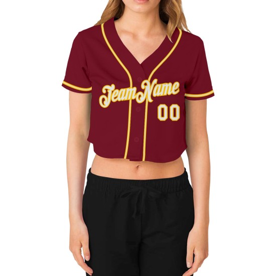 Jersey White-Gold Cropped Women's Custom Crimson Baseball V-Neck Jersey White-Gold Cropped Women's Custom Crimson Baseball V-Neck