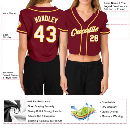 Jersey White-Gold Cropped Women's Custom Crimson Baseball V-Neck Jersey White-Gold Cropped Women's Custom Crimson Baseball V-Neck