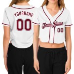 Cropped Custom Baseball Women's Jersey V-Neck White Crimson-Gray Cropped Custom Baseball Women's Jersey V-Neck White Crimson-Gray