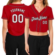 Baseball V-Neck Red Custom Women's Cropped White-Black Jersey