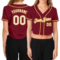 Jersey White-Gold Cropped Women's Custom Crimson Baseball V-Neck