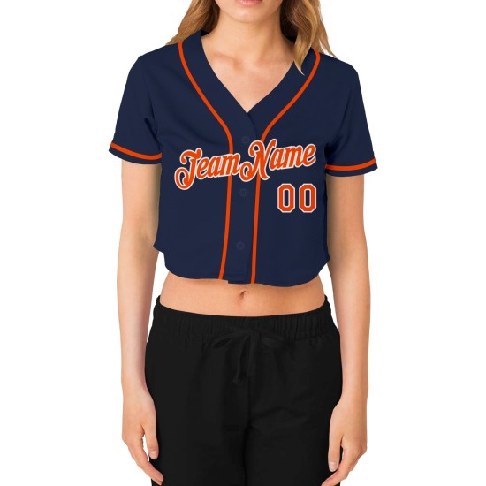 Orange-White Baseball Jersey Custom V-Neck Cropped Navy Women's Orange-White Baseball Jersey Custom V-Neck Cropped Navy Women's