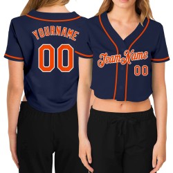 Orange-White Baseball Jersey Custom V-Neck Cropped Navy Women's