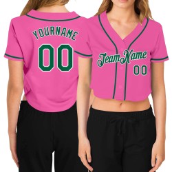Baseball Women's Jersey V-Neck Kelly Custom Cropped Green-White Pink