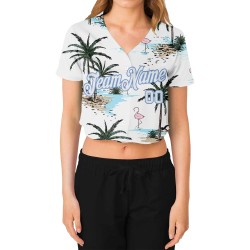 Jersey White-Light Custom V-Neck Women's Baseball Blue Cropped White 3D Palm Hawaii Trees Jersey White-Light Custom V-Neck Women's Baseball Blue Cropped White 3D Palm Hawaii Trees