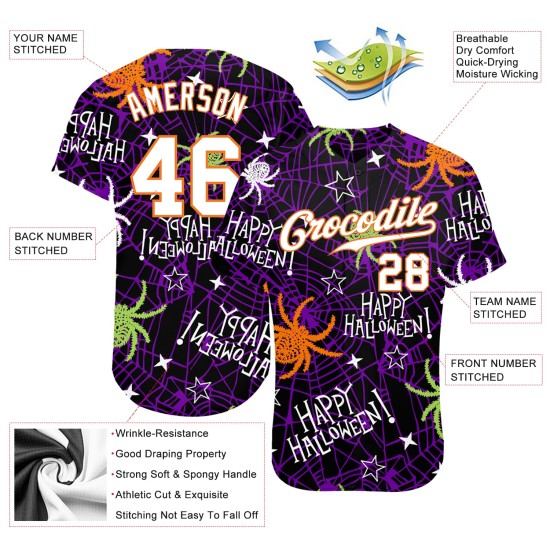 3D Jersey Authentic Baseball Happy Halloween Spiders Pattern Custom