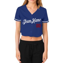 V-Neck Jersey Baseball Women's Royal White-Red Cropped Custom V-Neck Jersey Baseball Women's Royal White-Red Cropped Custom