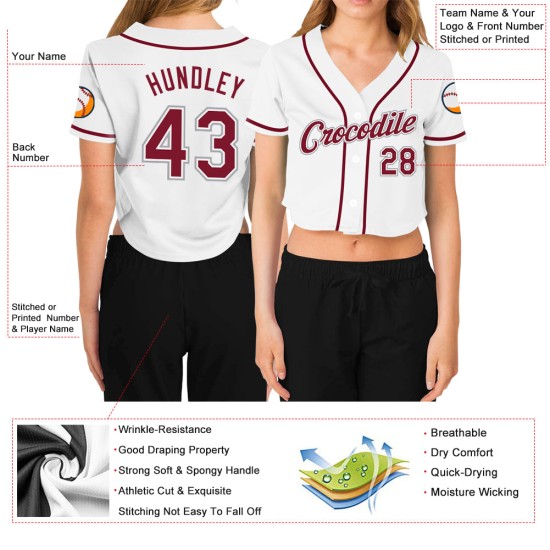 Cropped Custom Baseball Women's Jersey V-Neck White Crimson-Gray Cropped Custom Baseball Women's Jersey V-Neck White Crimson-Gray